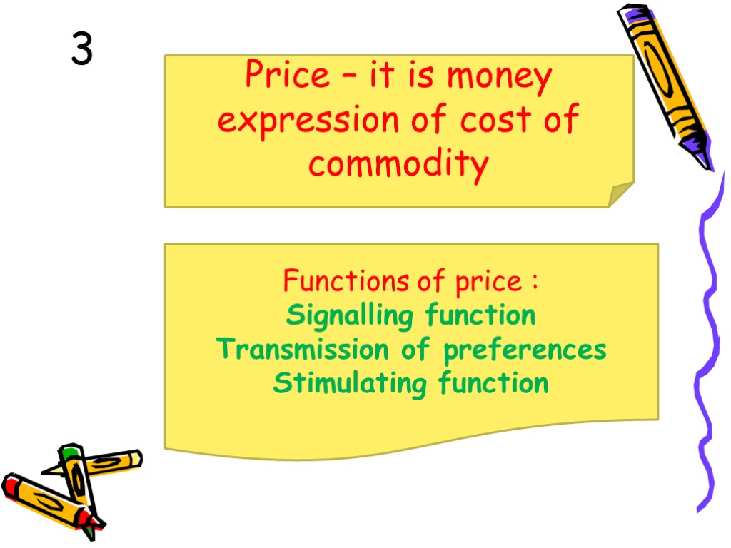 3 Price – it is money expression of cost of commodity Functions of price